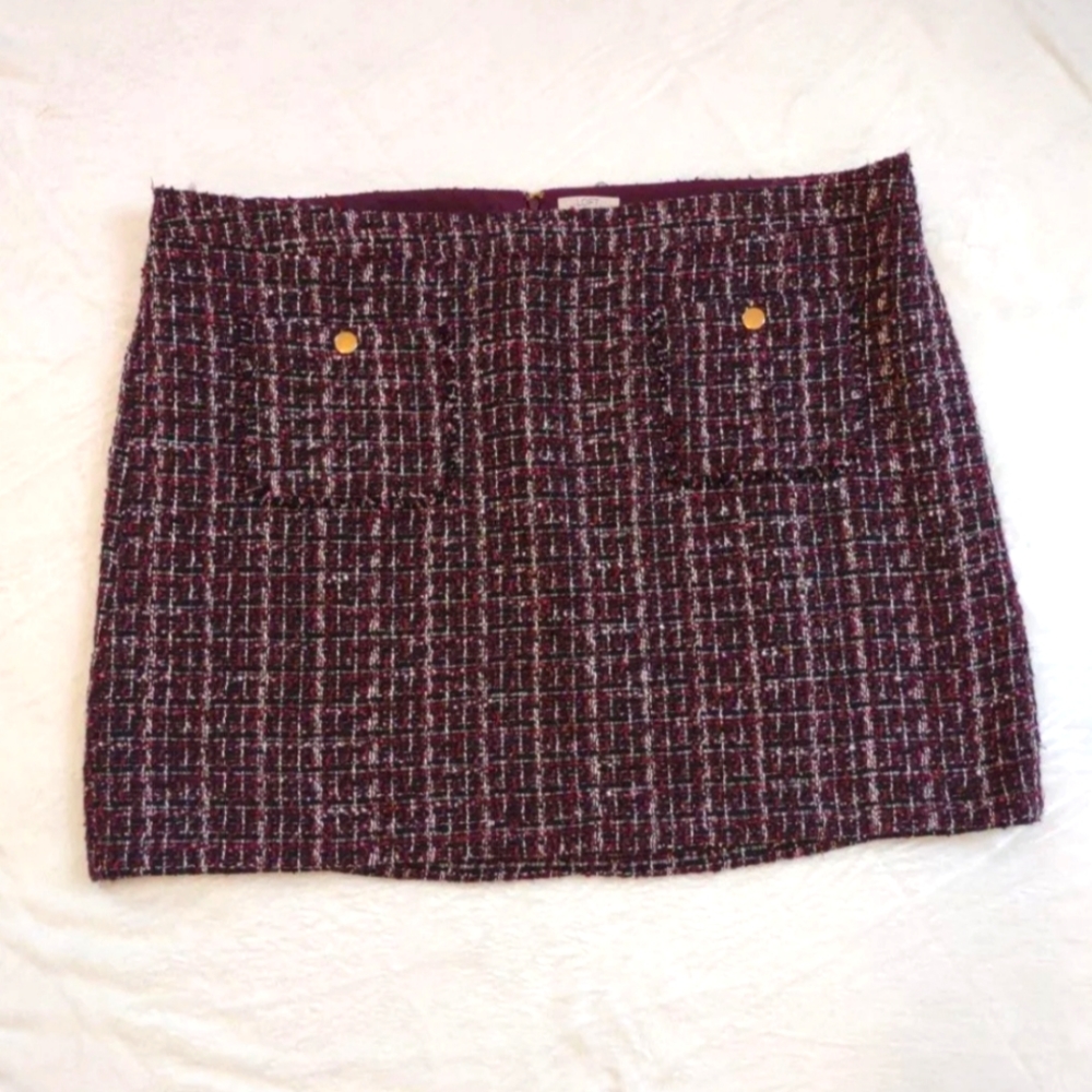 LOFT Burgundy Tweed Pencil Skirt with Gold Button Accents